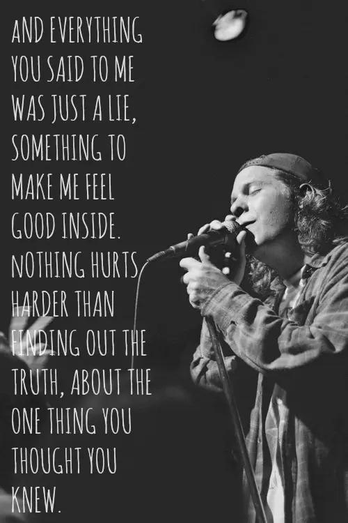 And everything you said to me was just a lie, something to make me feel good inside. Nothing hurts harder than finding out the truth, about the one thing you thought you knew.