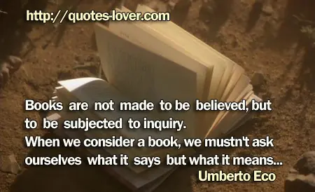 Books are not made to be believed, but to be subjected to inquiry. When we consider a book, we mustn't ask ourselves what it says but what it means...