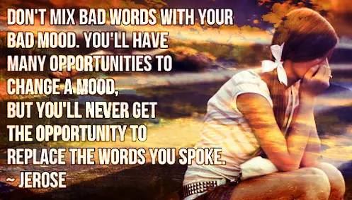 Don't mix bad words with your bad mood. You'll have many opportunities to change a mood, but you'll never get the opportunity to replace the words you spoke