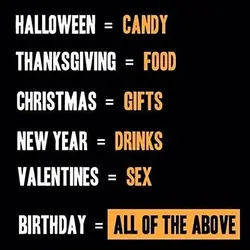 Haloween=candy Thanksgiving=food Christmas=gifts New Year=drinks Valentines=sex Birthday=All the above.jpg