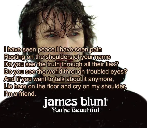  I have seen peace I have seen pain Resting on the shoulders of your name Do you see the truth through all their lies? Do you see the world trough trouble eyes ?And if you want to talk about it anymore, Lie here on the floor and cry on my shoulder, I'm a friend.