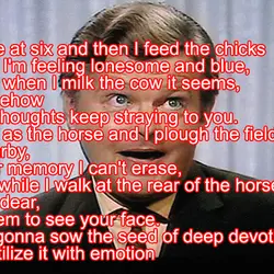 I rise at six and then I feed the chicks , And I'm feeling lonesome...