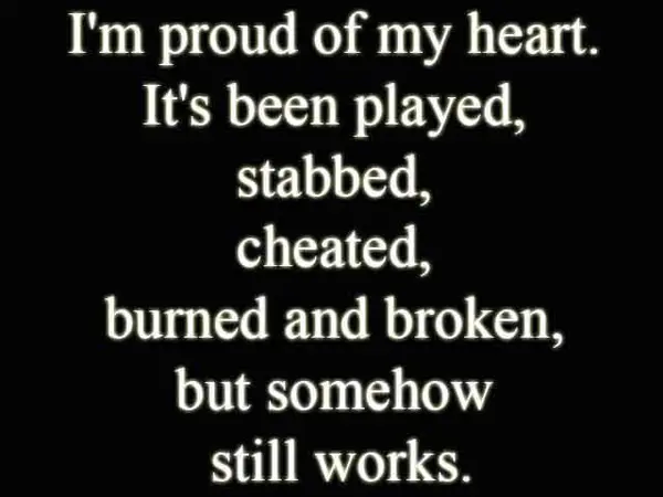 I'm proud of my heart It's been played, stabbed, cheated, burned and broken but somehow still works