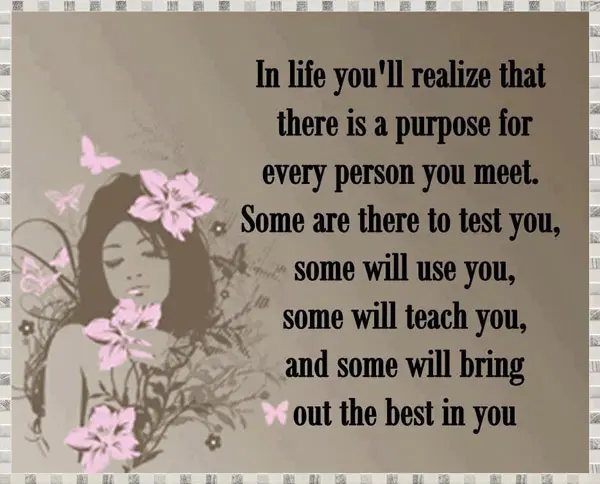 In life you'll realize that there is a purpose for every person you meet Some are there to test you, some will use you, some will teach you, and some will bring out the best in you