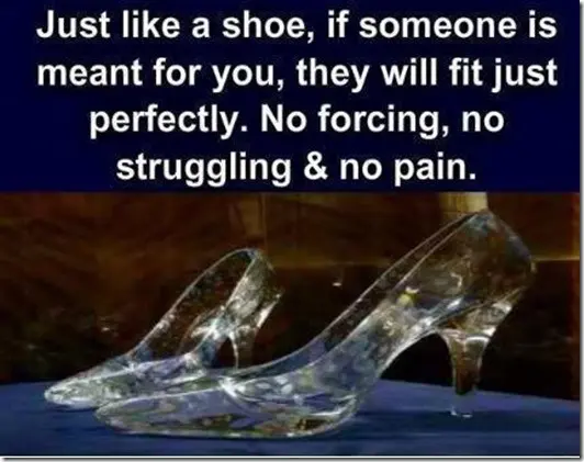 Just like a shoe, if someone is meant for you, they will fit just perfectly. Not forcing, no struggling and no pain.