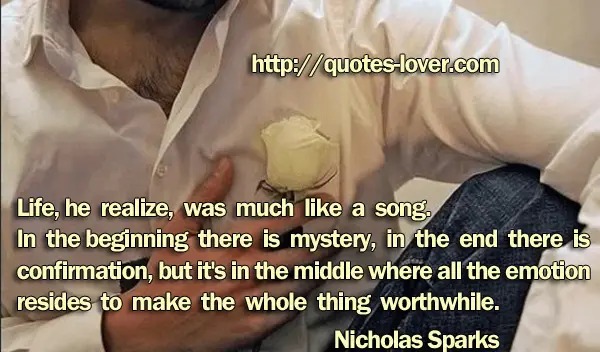 Life, he realize, was much like a song. In the beginning there is mystery, in the end there is confirmation, but it's in the middle where all the emotion resides to make the whole thing worthwhile.