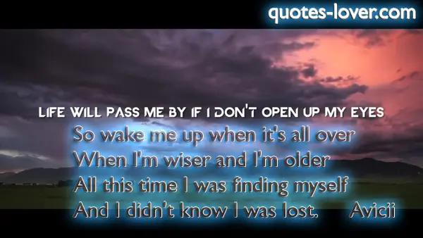 Life will pass me by if I don't open up my eyes. So wake me up when it's all over When I'm wiser and I'm older All this time I was finding myself And I didn't know I was lost.
