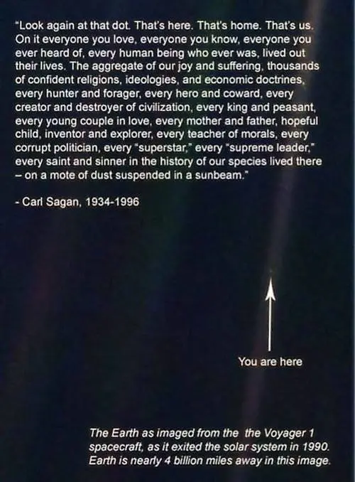 Look again at that dot. That's here. That's home. That's us. On it everyone you love, everyone you know, everyone you ever heard of, every human being who ever was, lived out their lives.