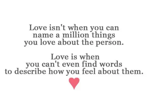 Love isn't when you can name a million things you love about the person. Love is when you can't even find words to describe how you feel about them.