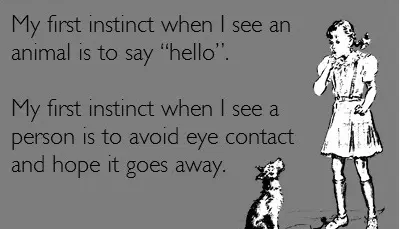 My first instinct when I see an animal is to say hello My first instinct when I see a person is to avoid eye contact and hope it goes away