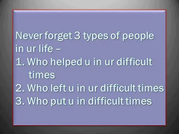 Never forget 3 types of people in your life- 1. Who helped you in your difficult times. 2. Who left you in your difficult times. 3.Who put you in difficult times.
