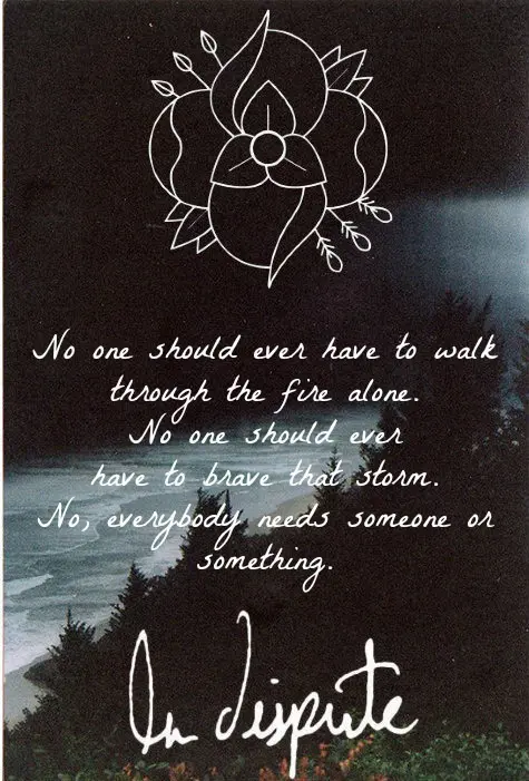 No one should ever have to walk through the fire alone. No one should ever have to be brave that storm. No, everybody needs someone or something.