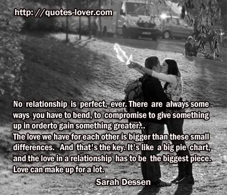 No relationship is perfect, ever. There are always some ways you have to bend, to compromise, to give something up in order to gain something greater...The love we have for each other is bigger than these small differences. And that's the key. It's like a big pie chart, and the love in a relationship has to be the biggest piece. Love can make up for a lot.