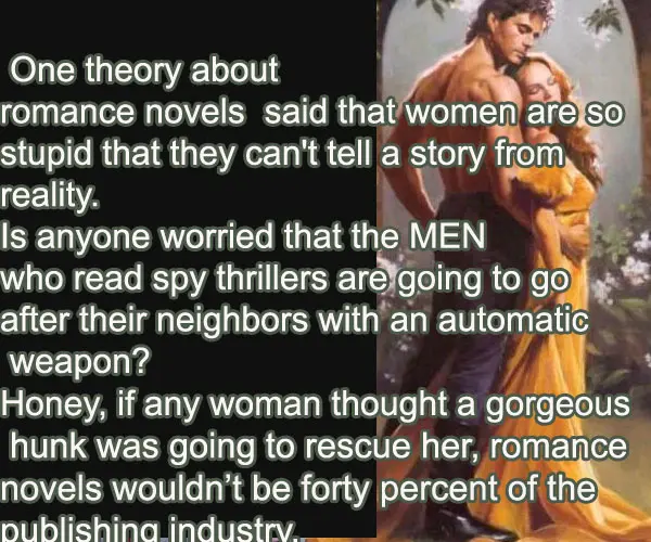  One theory about romance novels  said that women are so stupid that they can't tell a story from reality. Is anyone worried that the MEN who read spy thrillers are going to go after their neighbors with an automatic weapon?.  Honey, if any woman thought a gorgeous hunk was going to rescue her, romance novels wouldn’t be forty percent of the publishing industry 