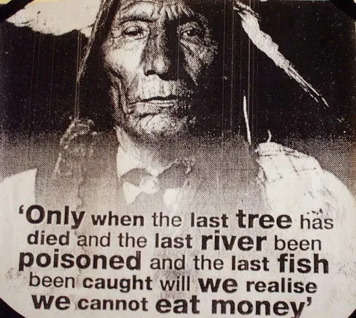 Only when the last tree has died and the last river been poisoned and the last fish been caught will we realise we cannot eat money