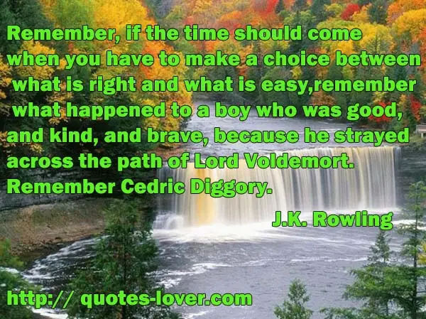 Remember, if the time should come when you have to make a choice between what is right and what is easy, remember what happened to a boy who was good, and kind, and brave, because he strayed across the path of Lord Voldemort. Remember Cedric Diggory.
