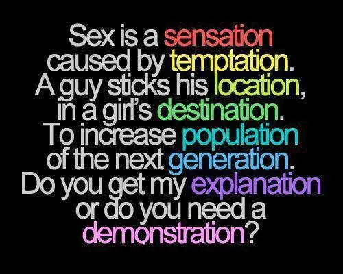 Sex is a sensation caused by temptation. A guy sticks his location in a girl's destination. To increase population of the next generation. Do you get my explanation or do you need a demonstration.