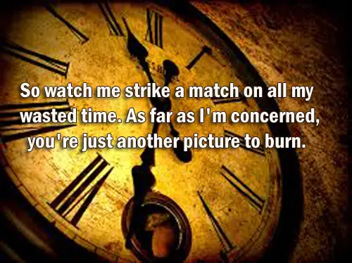 So watch me strike a match on all my wasted time. As far as I'm concerned, you're just another picture to burn.