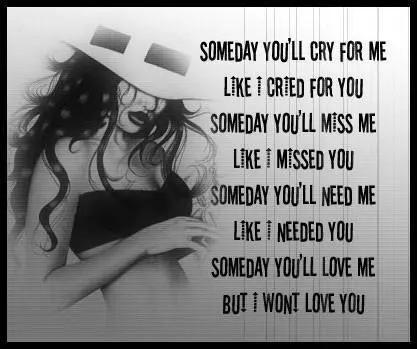 Someday you'll cry for me like I cried for you. Someday you'll miss me like I missed you. Someday you'll need me like I needed you. Someday you'll love me but I won't love you