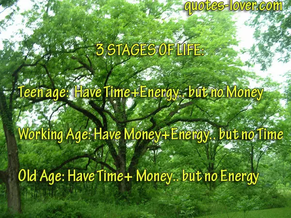 3 Stages of life: Teen age: Have Time+ Energy.. but no Money  Working age: Have Money+ Energy.. but no Time Old Age: Have Time+Money.. but no Energy