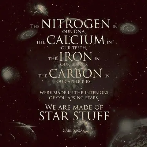 The nitrogen in our DNA, the calcium in our teeth, the iron in our blood, the carbon in our apple pies, were made in the interiors of collapsing stars. We are made of star stuff 