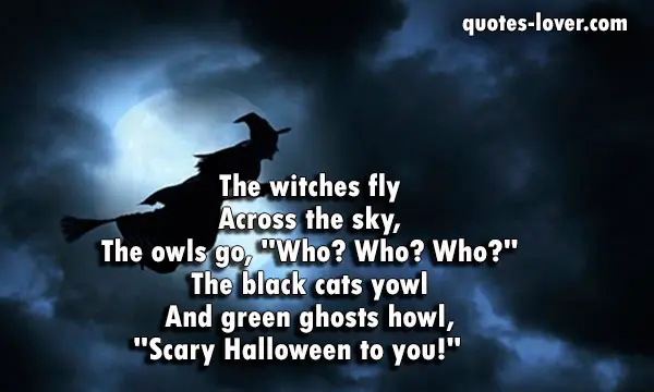 The witches fly Across the sky, The owls go, "Who? Who? Who?" The black cats yowl And green ghosts howl, "Scary Halloween to you!"
