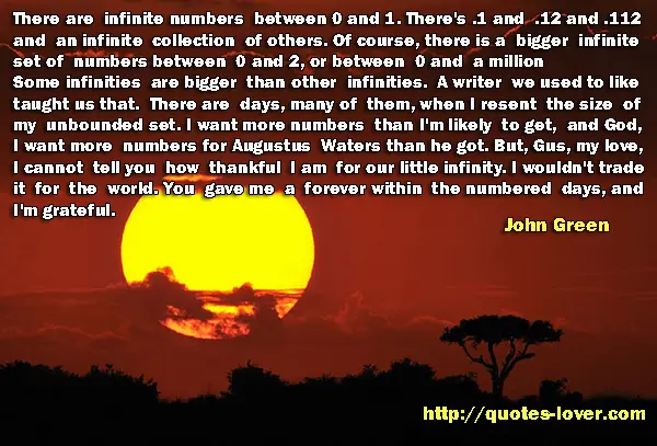 There are infinite numbers between 0 and 1. There's .1 and .12 and .112 and an infinite collection of others. Of course, there is a bigger infinite set of numbers between 0 and 2, or between 0 and a million. Some infinities are bigger than other infinities. A writer we used to like taught us that. There are days, many of them, when I resent the size of my unbounded set. I want more numbers than I'm likely to get, and God, I want more numbers for Augustus Waters than he got. But, Gus, my love, I cannot tell you how thankful I am for our little infinity. I wouldn't trade it for the world. You gave me a forever within the numbered days, and I'm grateful.