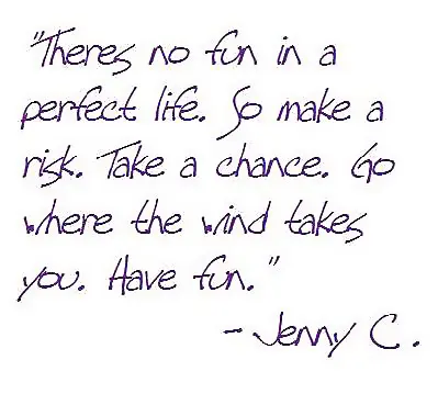 There's no fun in a perfect life. So make a risk. Take a chance. Go where the wind takes you. Have fun.
