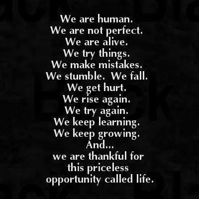 We are human. We are not perfect. We are alive. We try things. We make mistakes. We stumble. We fall. We get hurt. We rise again. We try again. We keep learning. We keep growing. And..we are thankful for this priceless opportunity called life.