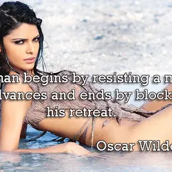 Woman begins by resisting a man's advances and ends by blocking his retreat.