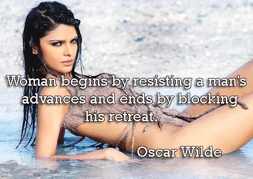 Woman begins by resisting a man's advances and ends by blocking his retreat.