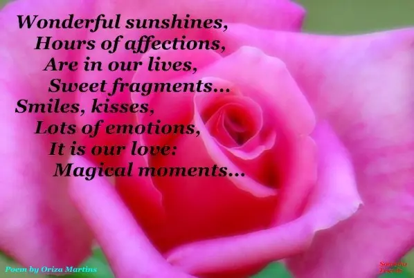 Wonderful sunshines, Hours of affections, Are in our lives, Sweet fragments... Smiles, kisses, Lots of emotions, It is our love: Magical moments