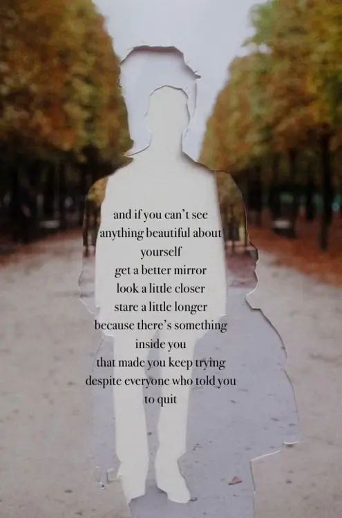 and if you can't see anything beautiful about yourself get a better mirror look a little closer stare a little longer because there's something inside you that made you keep trying despite everyone who told you to quit.