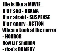 Life is like a movie, if you're sad drama, if you're afraid suspense,if you're angry action, when you look at mirror horror,now you're smiling that's comedy